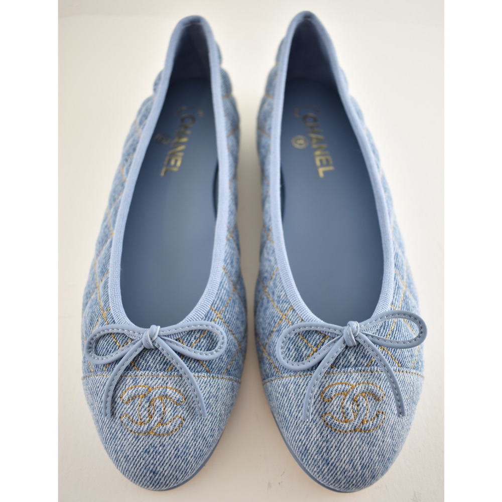 Chanel 26B Light Blue Denim Quilted CC Logo Bow Tie Ballet Ballerina Flat 38 - Picture 9 of 16